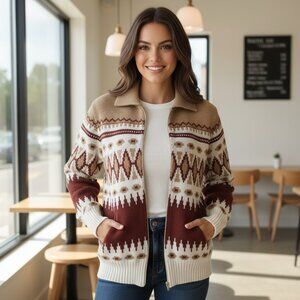 Vintage KP Sweater Made in Romania Boho Fair Isle Knit Zip Cardigan Size Medium